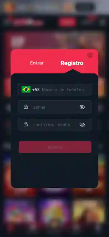 Tela de registro para novos usuários no 58R Cassino